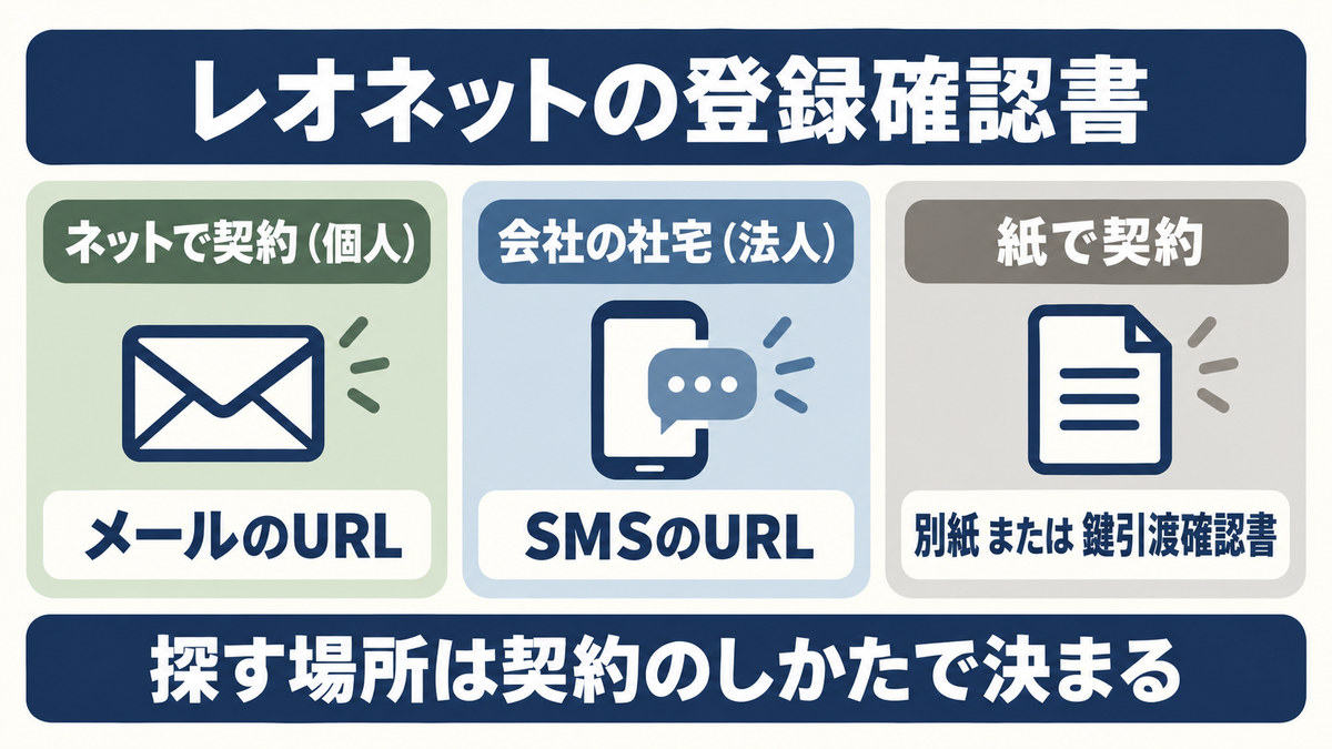 契約のしかた別にレオネットの登録確認書が届く場所を示す図