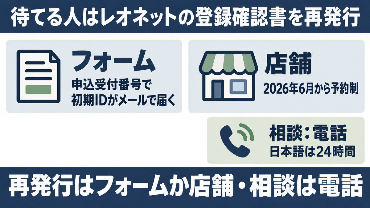 レオネットの登録確認書を再発行する窓口と相談先の電話の図