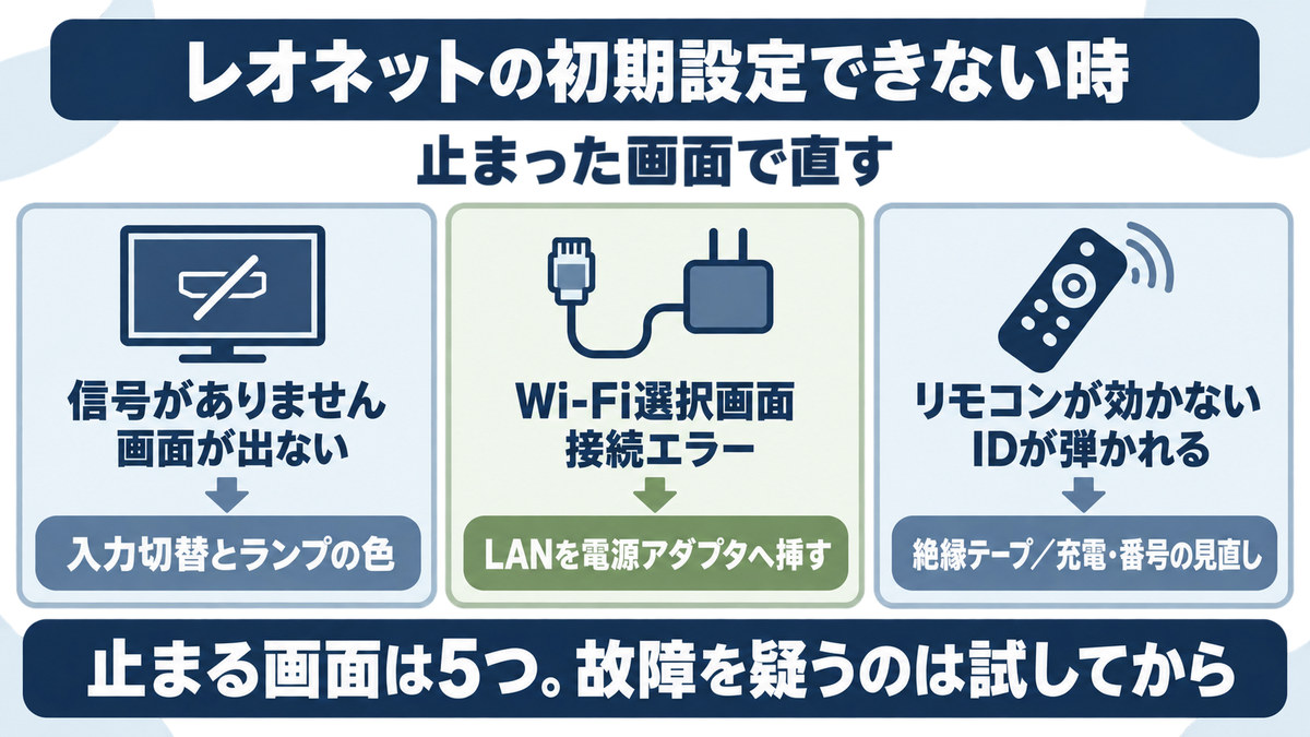 レオネットの初期設定で止まる画面5つと直し方の図
