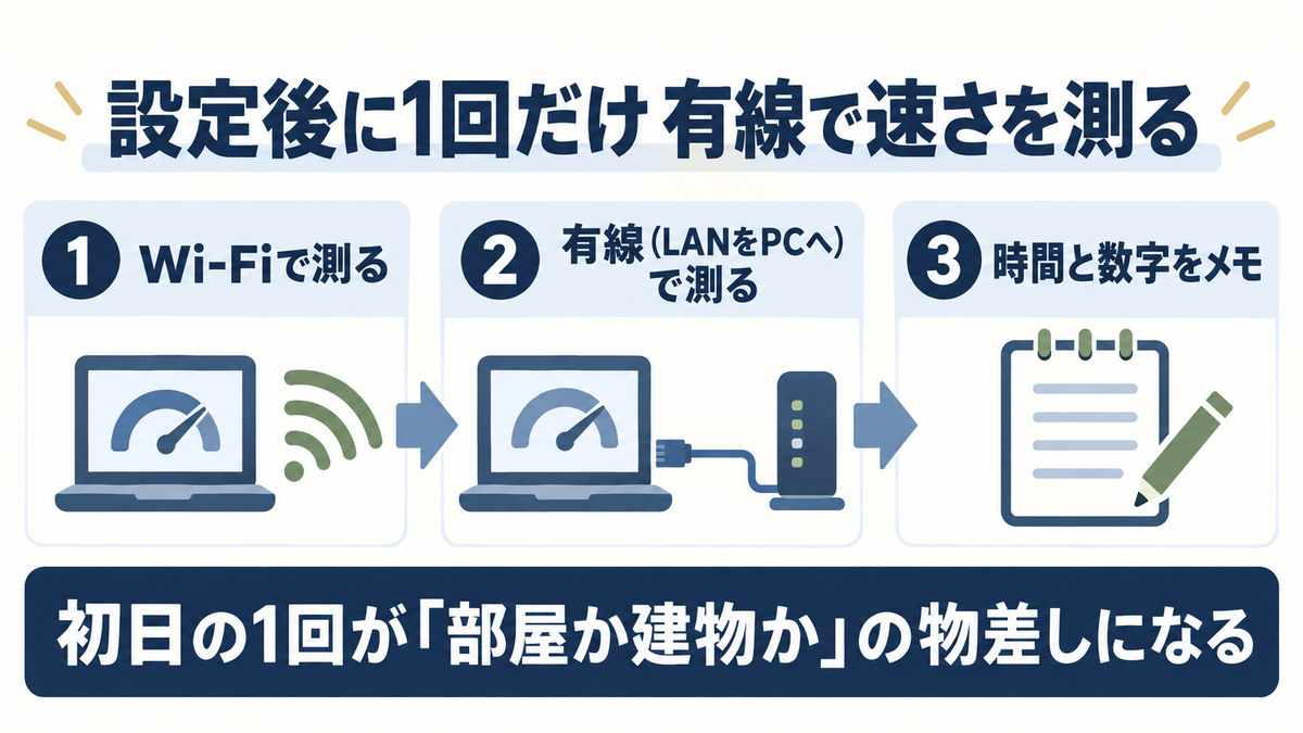 初期設定後に有線とWi-Fiで速度を測る手順の図