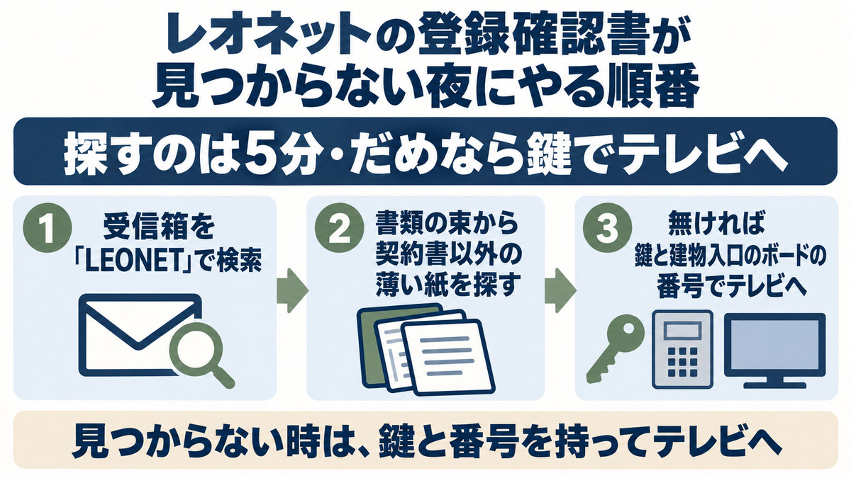 レオネットの登録確認書が見つからない夜にやる順番の図